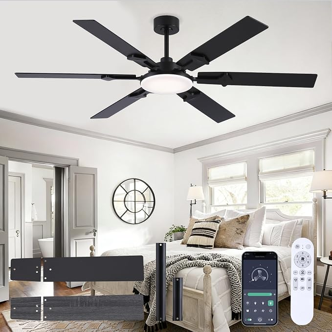 66 Inch Large Ceiling Fans with Lights and Remote, Black Modern Indoor/Outdoor Ceiling Fan for Living Room Kitchen Patio, 6