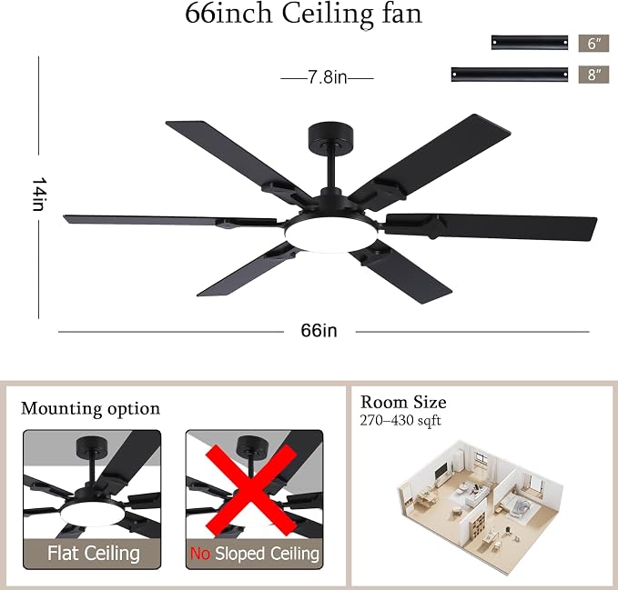 66 Inch Large Ceiling Fans with Lights and Remote, Black Modern Indoor/Outdoor Ceiling Fan for Living Room Kitchen Patio, 6