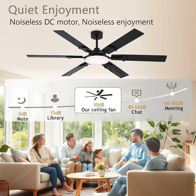 66 Inch Large Ceiling Fans with Lights and Remote, Black Modern Indoor/Outdoor Ceiling Fan for Living Room Kitchen Patio, 6