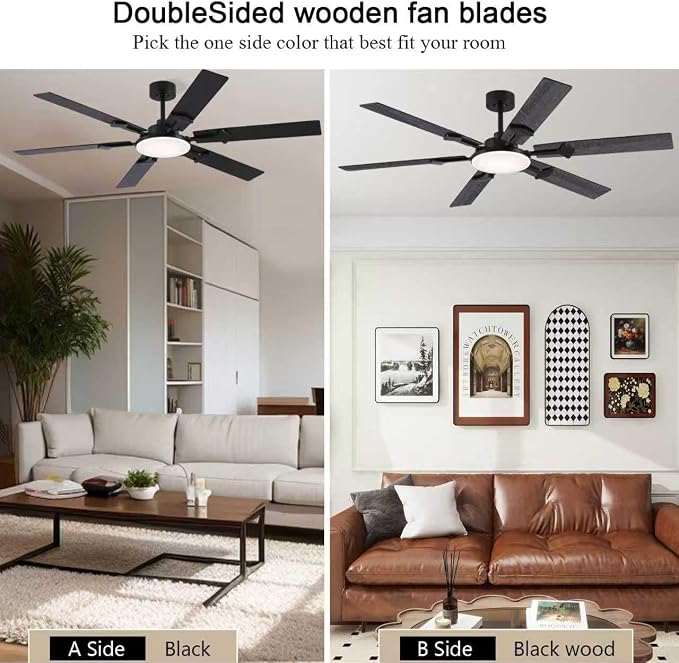 66 Inch Large Ceiling Fans with Lights and Remote, Black Modern Indoor/Outdoor Ceiling Fan for Living Room Kitchen Patio, 6