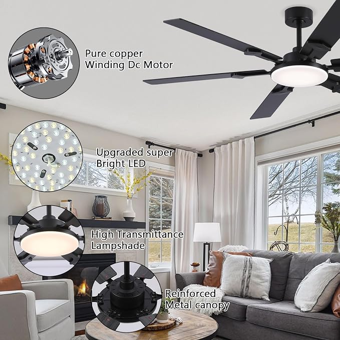 66 Inch Large Ceiling Fans with Lights and Remote, Black Modern Indoor/Outdoor Ceiling Fan for Living Room Kitchen Patio, 6
