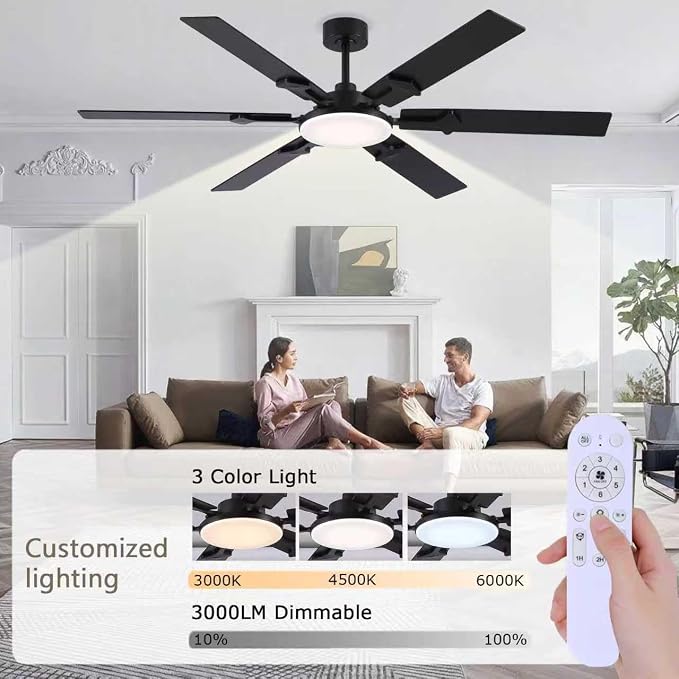 66 Inch Large Ceiling Fans with Lights and Remote, Black Modern Indoor/Outdoor Ceiling Fan for Living Room Kitchen Patio, 6