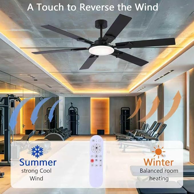 66 Inch Large Ceiling Fans with Lights and Remote, Black Modern Indoor/Outdoor Ceiling Fan for Living Room Kitchen Patio, 6