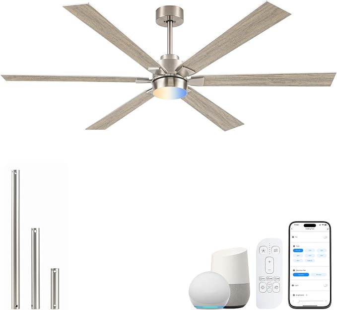 66 Inch Outdoor Smart Ceiling Fan with Light, Alexa/APP/Remote Control, 6 Modern Oak Blades Damp Rated, High CFM 6-Speeds