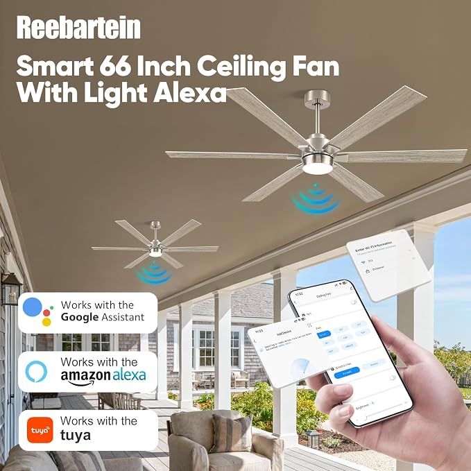 66 Inch Outdoor Smart Ceiling Fan with Light, Alexa/APP/Remote Control, 6 Modern Oak Blades Damp Rated, High CFM 6-Speeds