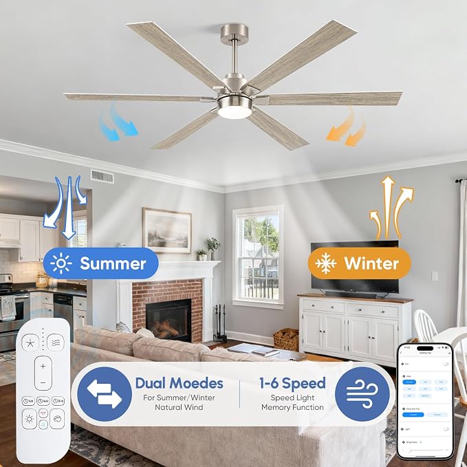 66 Inch Outdoor Smart Ceiling Fan with Light, Alexa/APP/Remote Control, 6 Modern Oak Blades Damp Rated, High CFM 6-Speeds