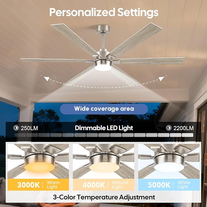 66 Inch Outdoor Smart Ceiling Fan with Light, Alexa/APP/Remote Control, 6 Modern Oak Blades Damp Rated, High CFM 6-Speeds