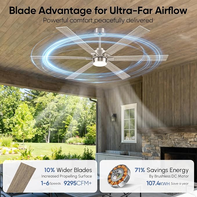 66 Inch Outdoor Smart Ceiling Fan with Light, Alexa/APP/Remote Control, 6 Modern Oak Blades Damp Rated, High CFM 6-Speeds