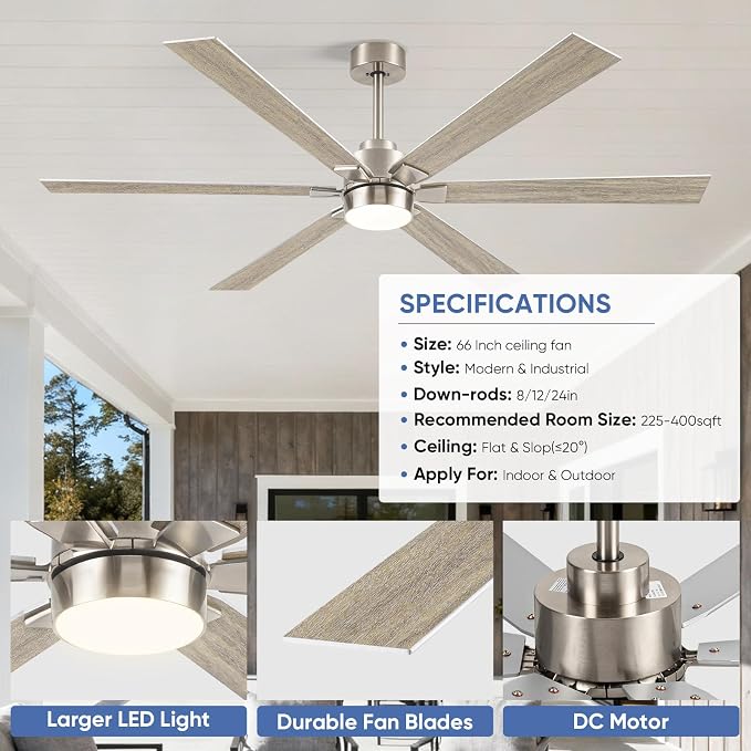 66 Inch Outdoor Smart Ceiling Fan with Light, Alexa/APP/Remote Control, 6 Modern Oak Blades Damp Rated, High CFM 6-Speeds