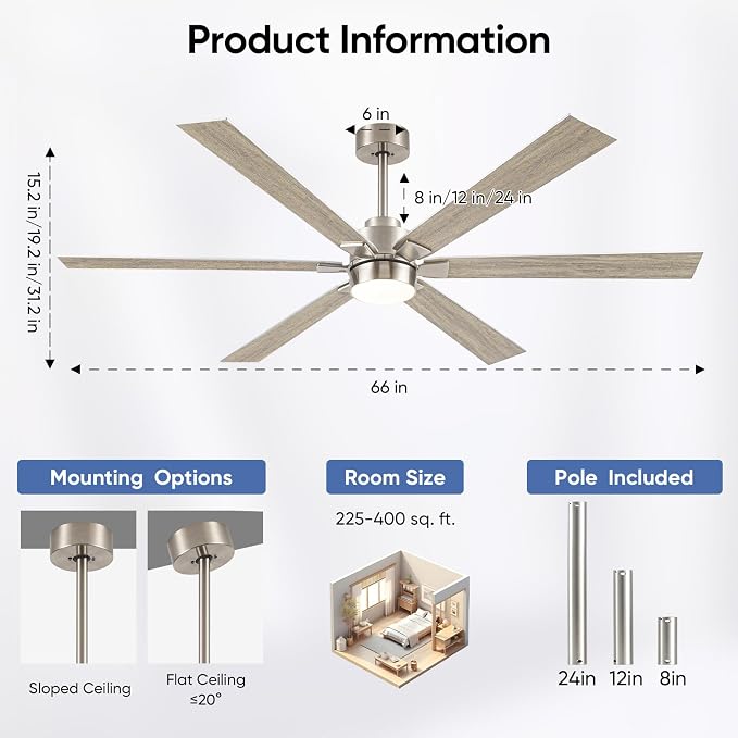 66 Inch Outdoor Smart Ceiling Fan with Light, Alexa/APP/Remote Control, 6 Modern Oak Blades Damp Rated, High CFM 6-Speeds