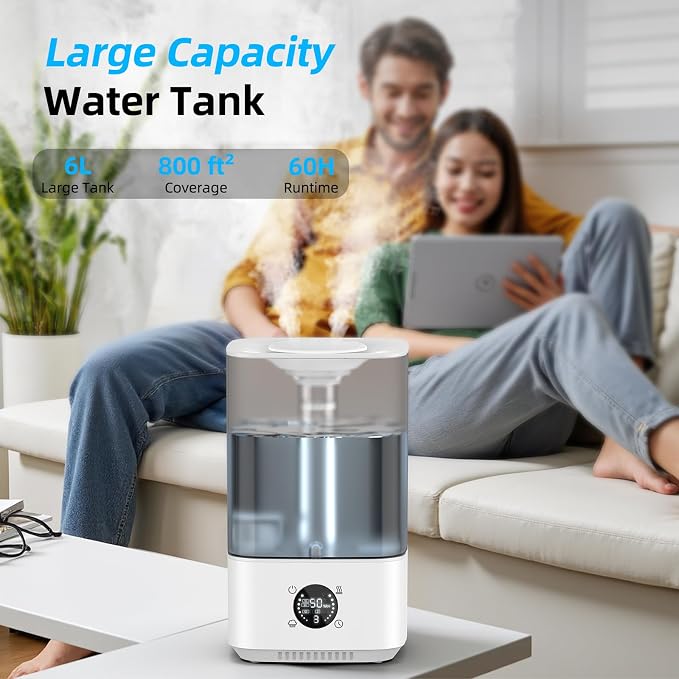 6L Humidifier for Bedroom Large Room Home, 800ft2 Wide Coverage, 26dB Quiet,Easy Top Fill, Quickly & Evenly Humidify