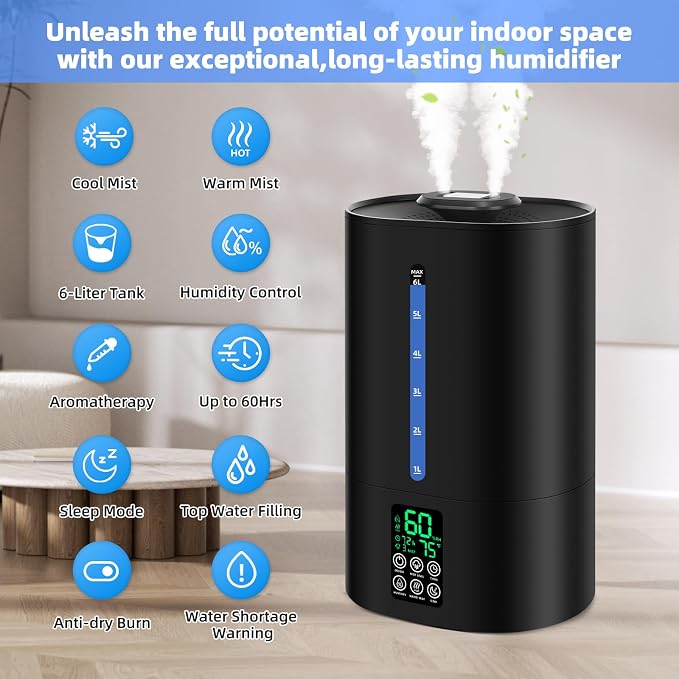 6L Humidifiers for Bedroom Large Room Home,Cool and Warm Humidifier for Baby and Plants Hot Mist Top Fill Desk Humidifiers