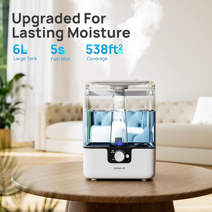 6L Humidifiers for Bedroom Large Room Home, Cool Mist Top Fill Humidifiers for Baby Nursery and Plants, 26dB Quiet