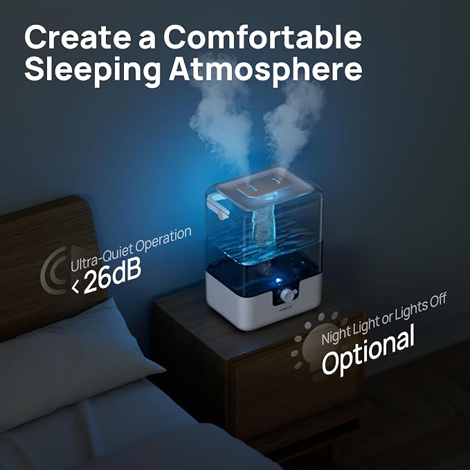 6L Humidifiers for Bedroom Large Room Home, Cool Mist Top Fill Humidifiers for Baby Nursery and Plants, 26dB Quiet