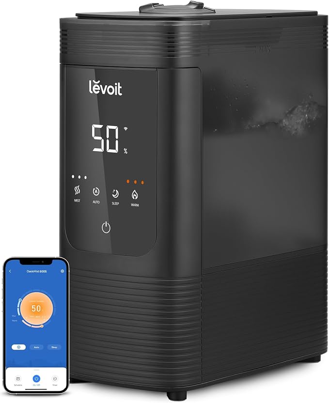 6L Smart Warm and Cool Mist Humidifiers for Home Bedroom, 60H Runtime and Auto Customized Humidity for Large room, Schedule