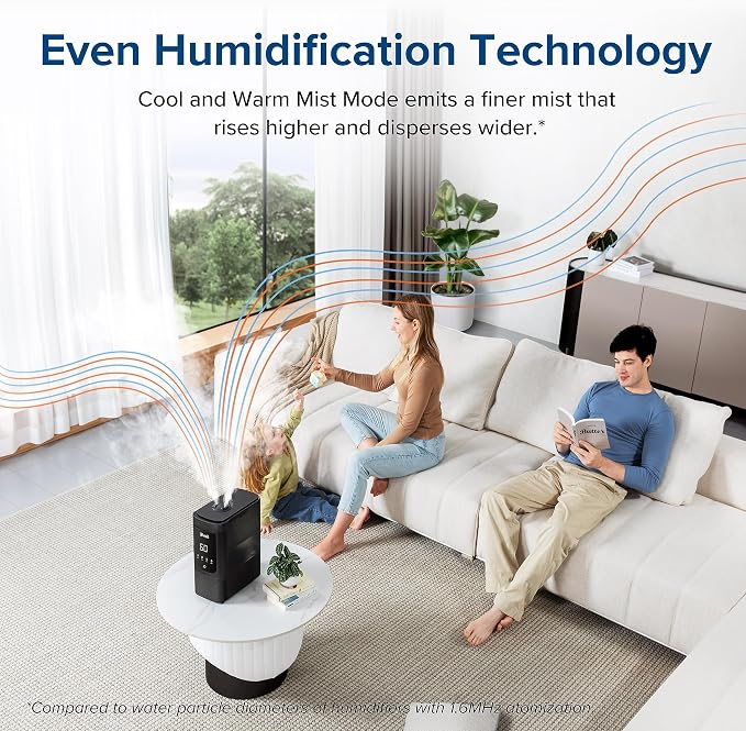 6L Smart Warm and Cool Mist Humidifiers for Home Bedroom, 60H Runtime and Auto Customized Humidity for Large room, Schedule
