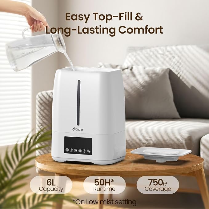 6L Top Fill Ultrasonic Humidifier - Cool and Warm Mist for Bedroom, Baby, Large Rooms & Plants, Smart Humidity Control, Aroma