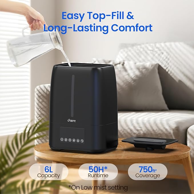 6L Top Fill Ultrasonic Humidifier - Cool and Warm Mist for Bedroom, Baby, Large Rooms & Plants, Smart Humidity Control, Aroma