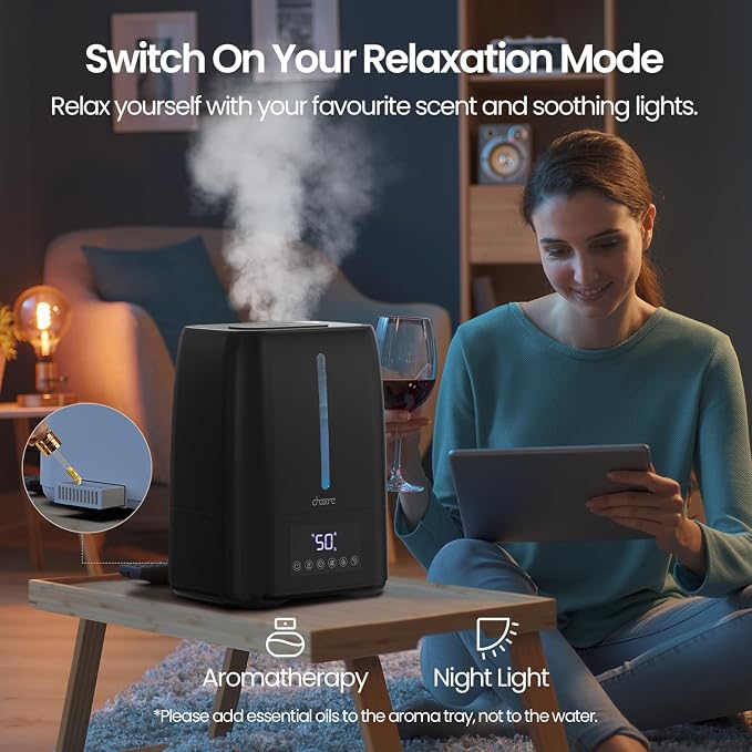6L Top Fill Ultrasonic Humidifier - Cool and Warm Mist for Bedroom, Baby, Large Rooms & Plants, Smart Humidity Control, Aroma