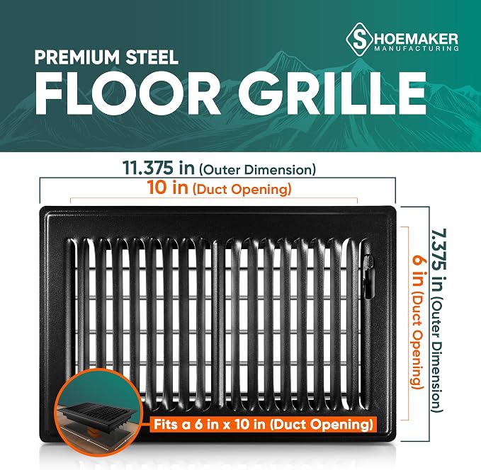 6x10 Floor Register – Black Heavy Duty Metal Floor Vent Cover for Home Floors - Premium Forced Air Vent Covers, alternate