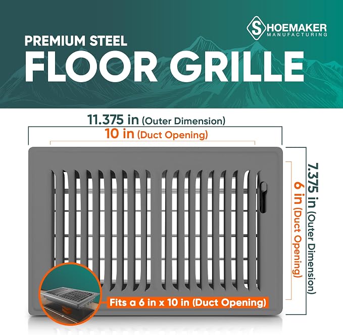 6x10 Floor Register – Storm Gray Heavy Duty Metal Floor Vent Cover for Home Floors - Premium Forced Air Vent Covers