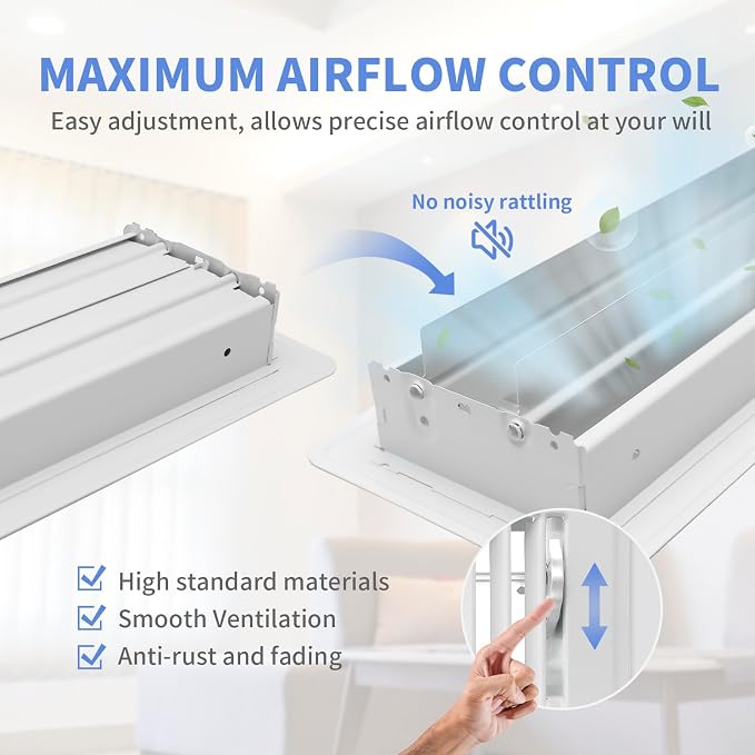 6x10 Inch Floor Register 2 Pack - Heavy Duty Steel Walkable Floor Vents, Easy Adjust Air Supply Lever - Vent Covers for Home