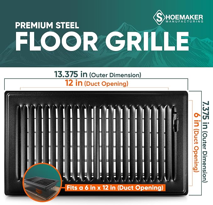 6x12 Floor Register – Black Heavy Duty Metal Floor Vent Cover for Home Floors - Premium Forced Air Vent Covers, alternate