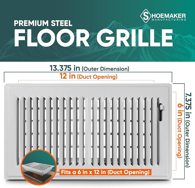 6x12 Floor Register – Cement Gray Heavy Duty Metal Floor Vent Cover for Home Floors - Premium Forced Air Vent Covers