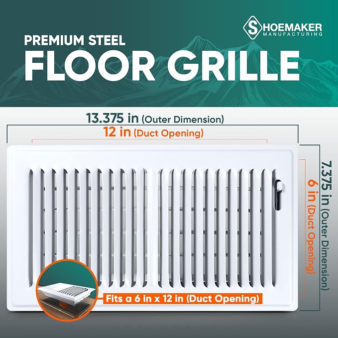 6x12 Floor Register – Glossy White Heavy Duty Metal Floor Vent Cover for Home Floors - Premium Forced Air Vent Covers