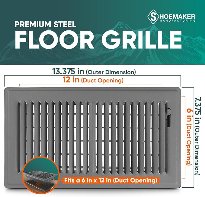 6x12 Floor Register – Storm Gray Heavy Duty Metal Floor Vent Cover for Home Floors - Premium Forced Air Vent Covers