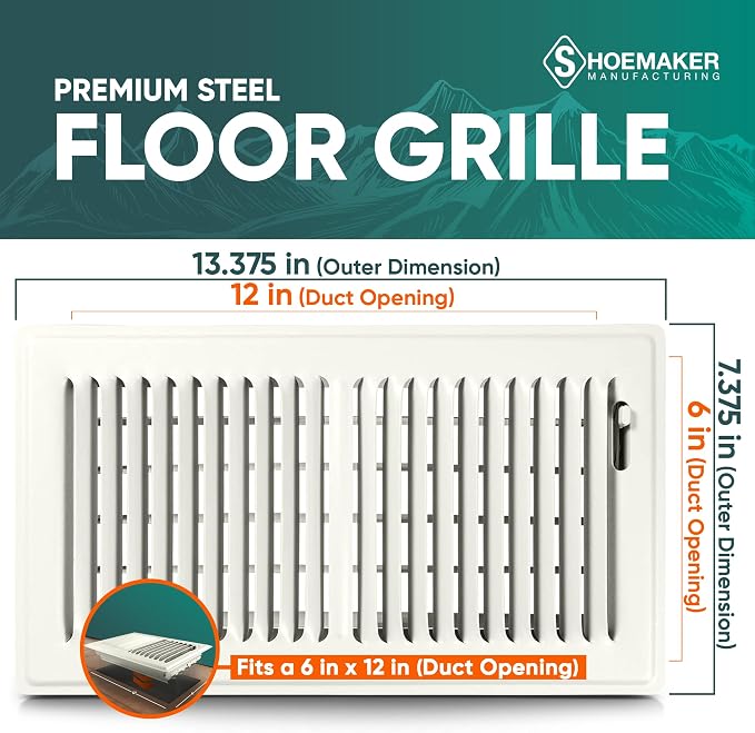 6x12 Floor Register – Warm White Heavy Duty Metal Floor Vent Cover for Home Floors - Premium Forced Air Vent Covers