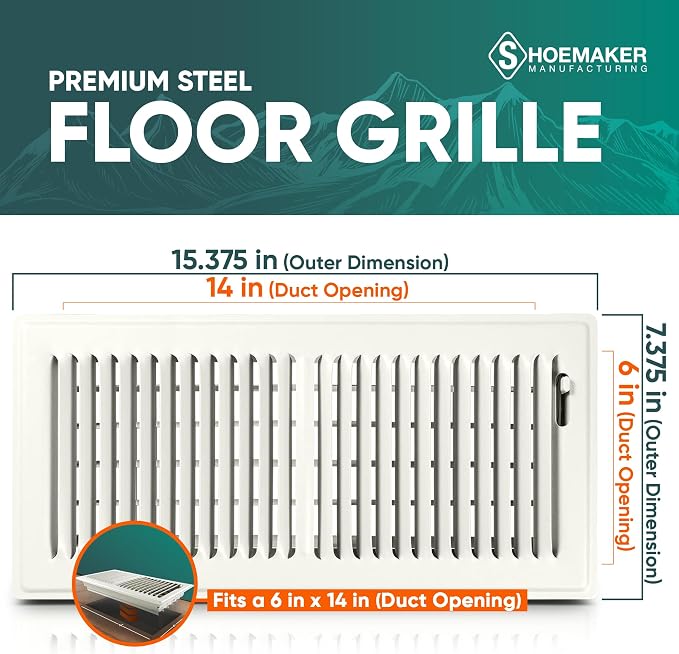 6x14 Floor Register – Warm White Heavy Duty Metal Floor Vent Cover for Home Floors - Premium Forced Air Vent Covers