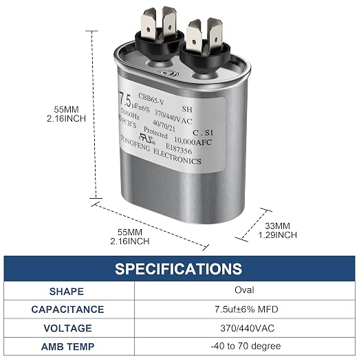 7.5 MFD uF 370/440 VAC CBB65B Dual Run Round Capacitor, UL Listed Motor Run Capacitor for Condenser Straight Cool or Heat