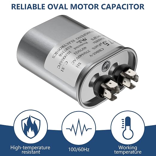 7.5 MFD uF 370/440 VAC CBB65B Dual Run Round Capacitor, UL Listed Motor Run Capacitor for Condenser Straight Cool or Heat