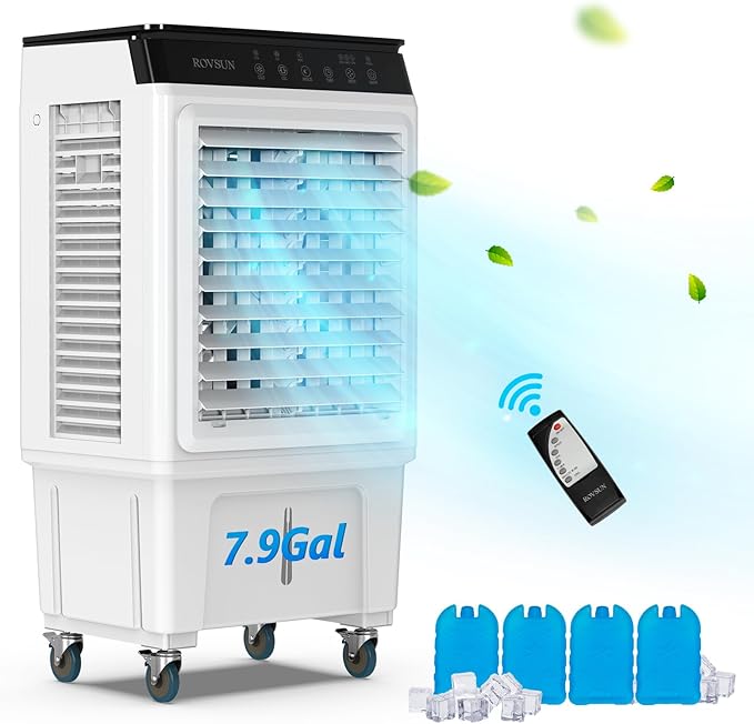 7.9Gal Portable Swamp Cooler, 2300CFM Evaporative Air Cooler with Auto Oscillating, Remote, 3 Speeds, 12H Timer & 4 Ice