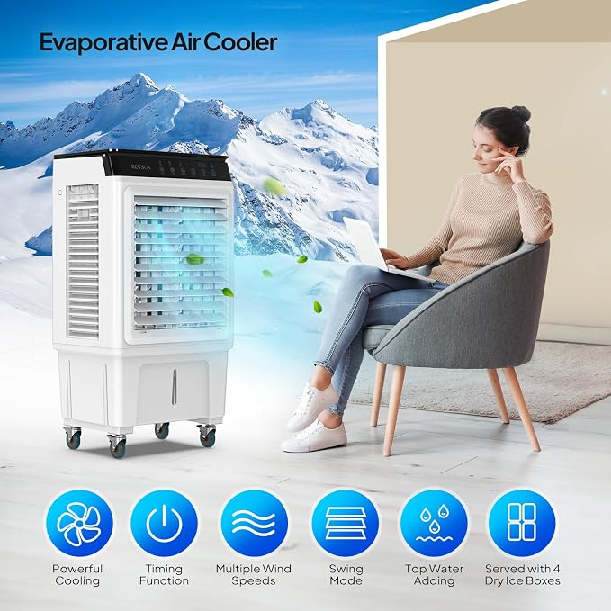 7.9Gal Portable Swamp Cooler, 2300CFM Evaporative Air Cooler with Auto Oscillating, Remote, 3 Speeds, 12H Timer & 4 Ice