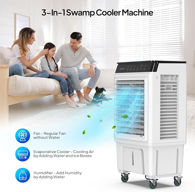 7.9Gal Portable Swamp Cooler, 2300CFM Evaporative Air Cooler with Auto Oscillating, Remote, 3 Speeds, 12H Timer & 4 Ice