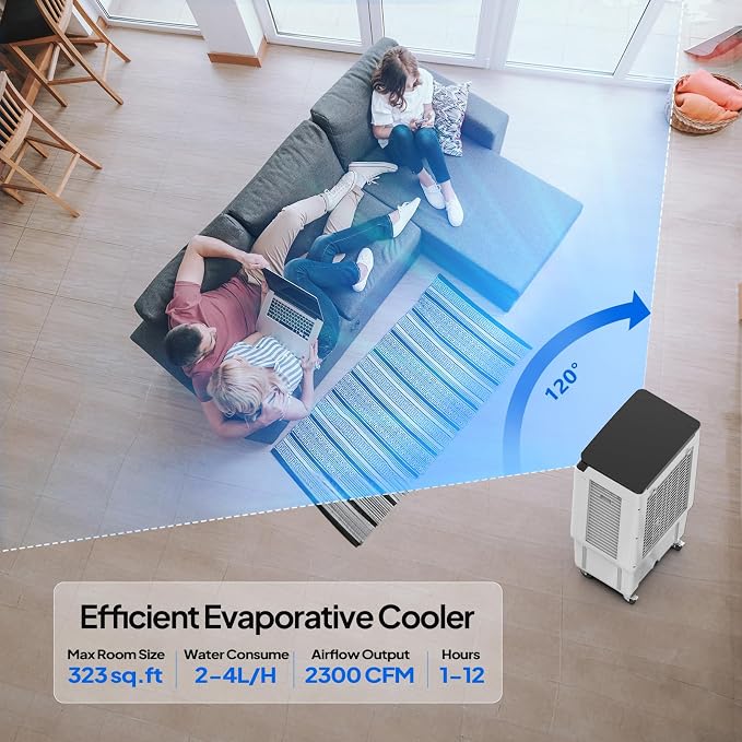 7.9Gal Portable Swamp Cooler, 2300CFM Evaporative Air Cooler with Auto Oscillating, Remote, 3 Speeds, 12H Timer & 4 Ice