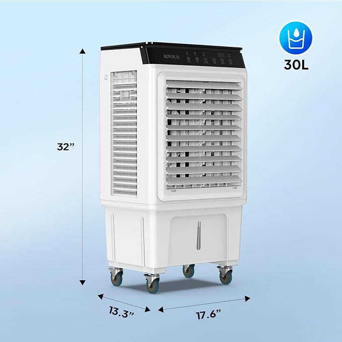 7.9Gal Portable Swamp Cooler, 2300CFM Evaporative Air Cooler with Auto Oscillating, Remote, 3 Speeds, 12H Timer & 4 Ice