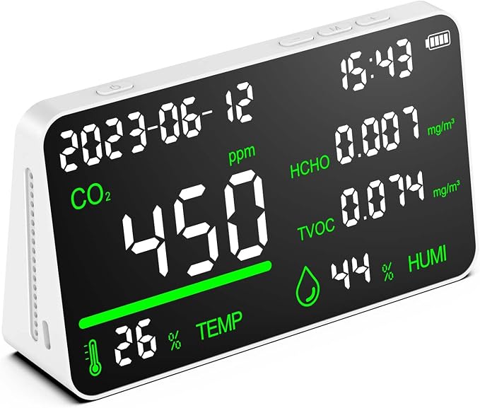 7-in-1 Air Quality Monitor, Indoor Humidity Monitor, Temperature, CO2, TVOC, HCHO, Time, product image