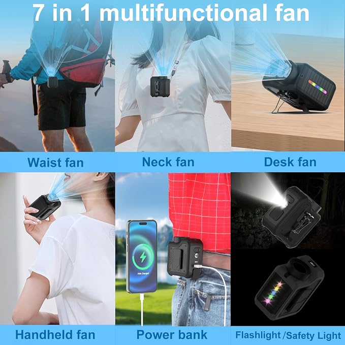 7-in-1 Multi-Use Portable Fan Hands Free Flashlight Etc,Christmas Gifts for Men Women,Turbo Powerful Cooling Personal