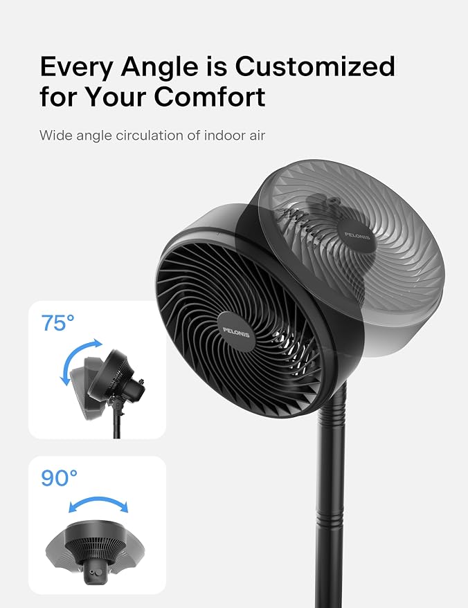 7-Inch Pedestal Air Circulator, Oscillation Fan, 3 Speeds, Adjustable Height (Tabletop/Standing Fan), 75°+90° Oscillation