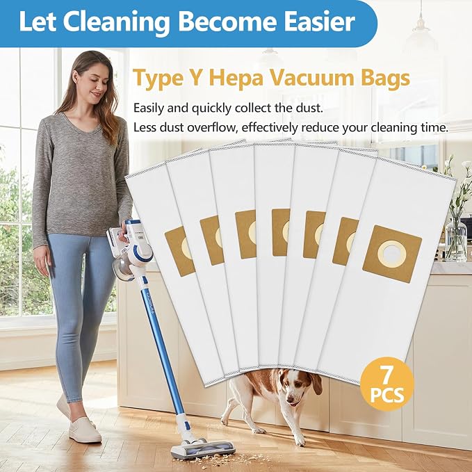 7 Pack Type Y HEPA Vacuum Bags Compatible with Style Y, Z, YZ Upright Vacuums, WindTunnel Uprights, Replace Part