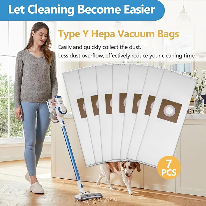 7 Pack Type Y HEPA Vacuum Bags Compatible with Style Y, Z, YZ Upright Vacuums, WindTunnel Uprights, Replace Part