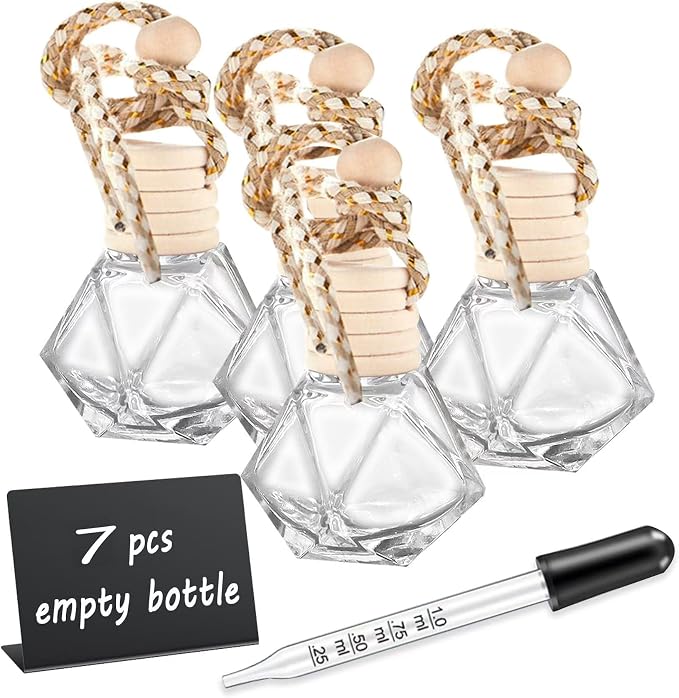 7 PCS MINI Cute Glass Bottle with Suspended Wooden Cover and Plastic Dropper,Car Air Freshener Perfume Bottle,Empty DIY