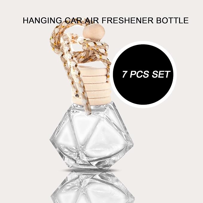 7 PCS MINI Cute Glass Bottle with Suspended Wooden Cover and Plastic Dropper,Car Air Freshener Perfume Bottle,Empty DIY