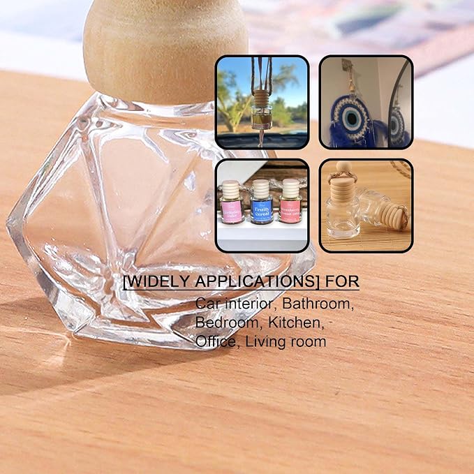 7 PCS MINI Cute Glass Bottle with Suspended Wooden Cover and Plastic Dropper,Car Air Freshener Perfume Bottle,Empty DIY