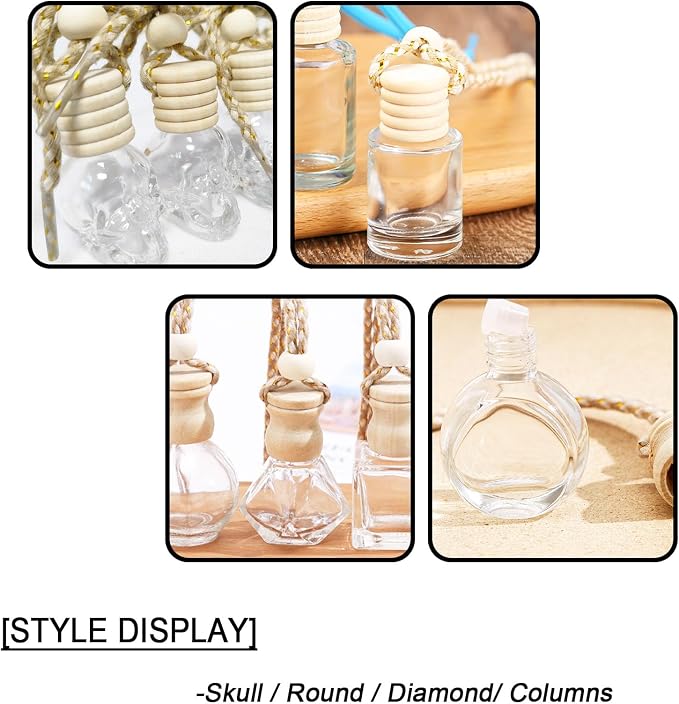 7 PCS MINI Cute Glass Bottle with Suspended Wooden Cover and Plastic Dropper,Car Air Freshener Perfume Bottle,Empty DIY