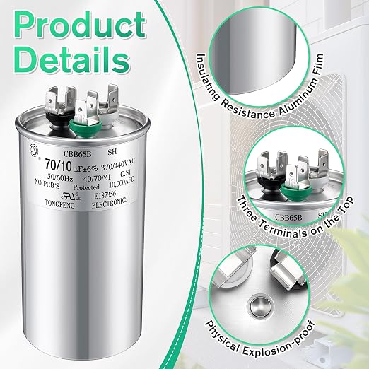70+10 uF±6% 370/440V CBB65 Dual Run Round Capacitor for AC Motor, HVAC Capacitor, Air Conditioner Replacement, alternate view