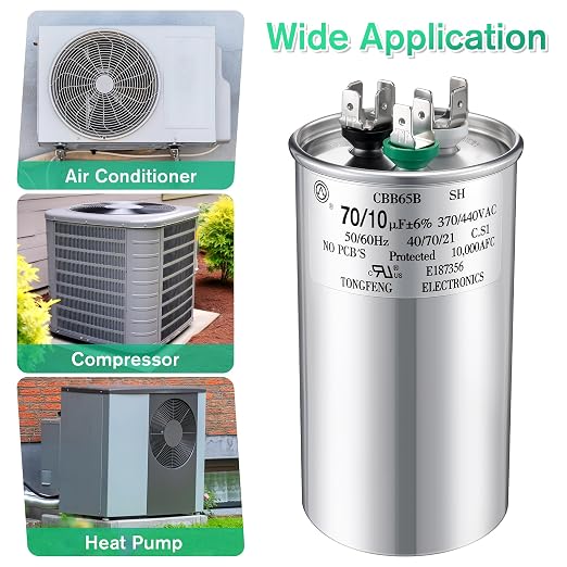 70+10 uF±6% 370/440V CBB65 Dual Run Round Capacitor for AC Motor, HVAC Capacitor, Air Conditioner Replacement, alternate view